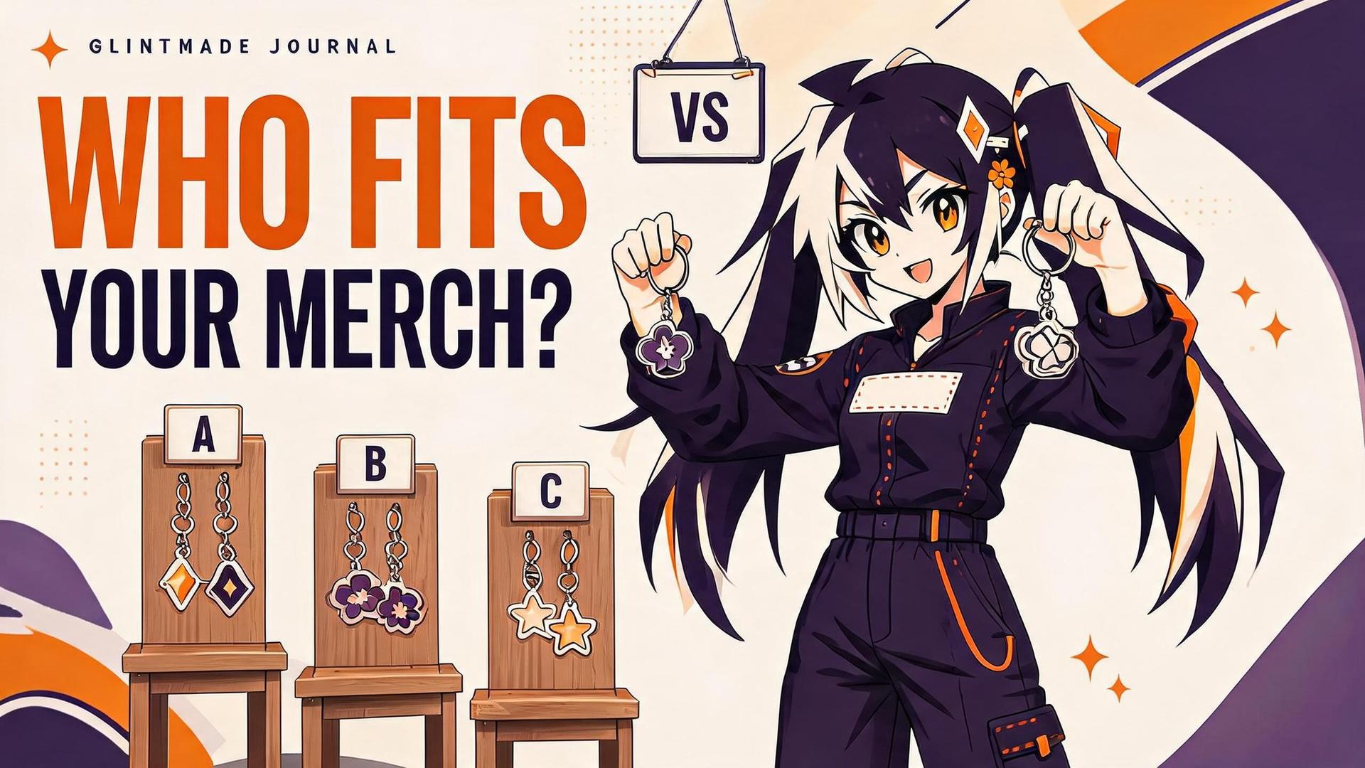 Glint comparing two acrylic keychain samples between three supplier stands