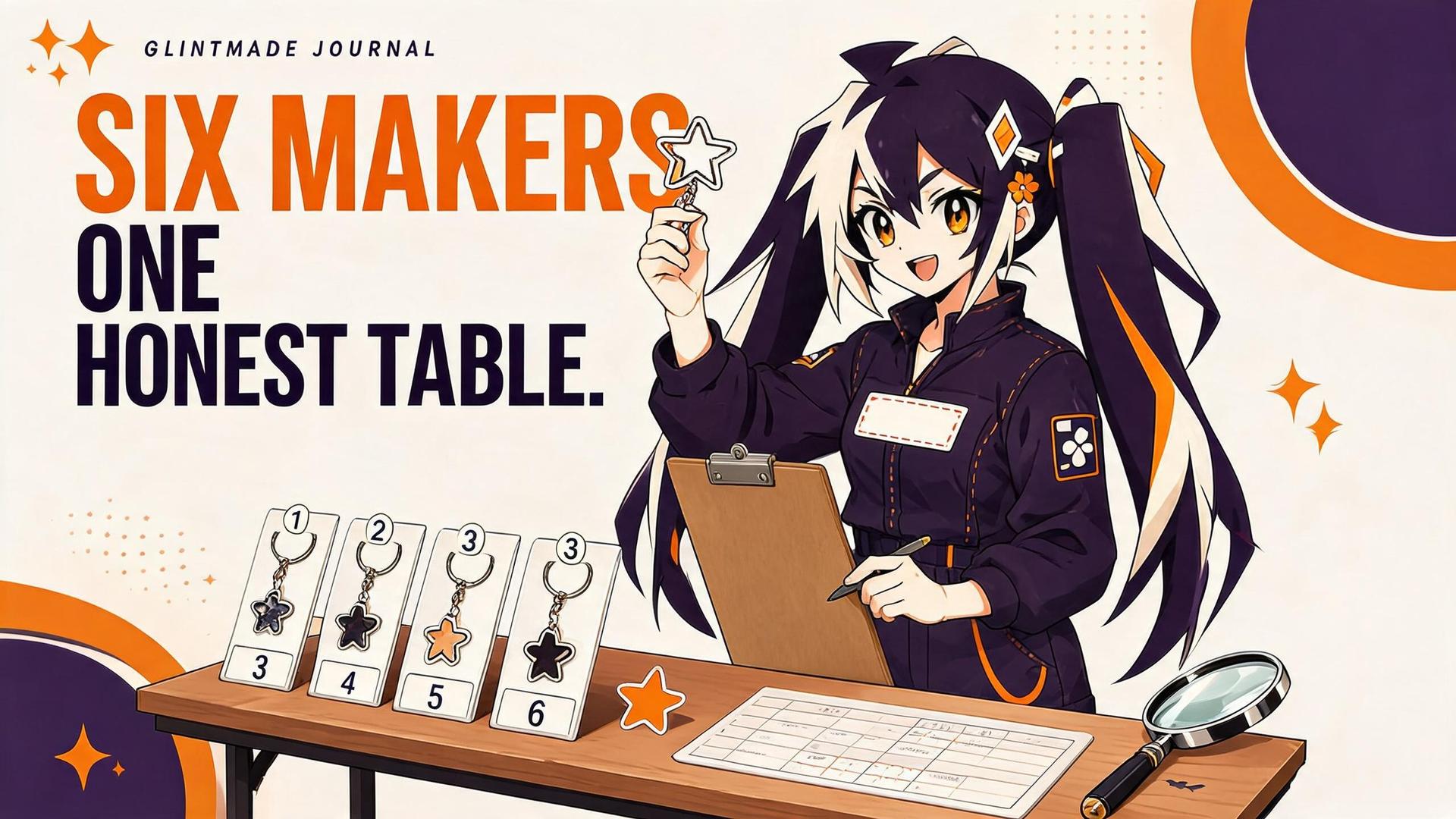 Glint reviewing numbered acrylic keychain samples from six manufacturers at a table