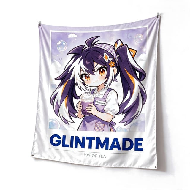 Custom printed fabric tapestry with the Glintmade purple watercolor milk-tea girl artwork, product view on white background - Glintmade
